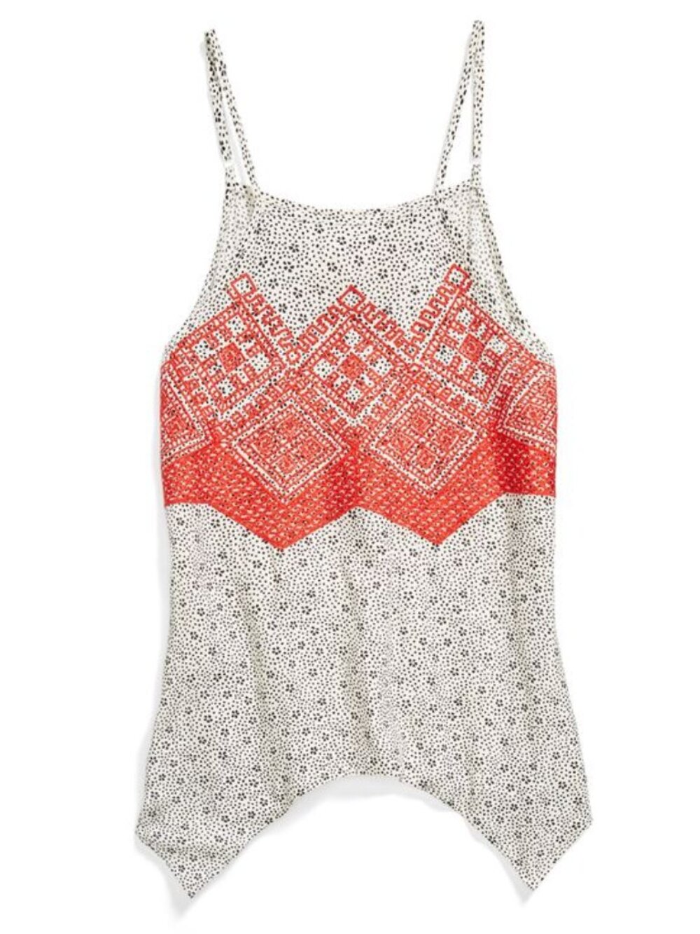 This garment is a tank top with red geometric embroidery and small polka dot pri